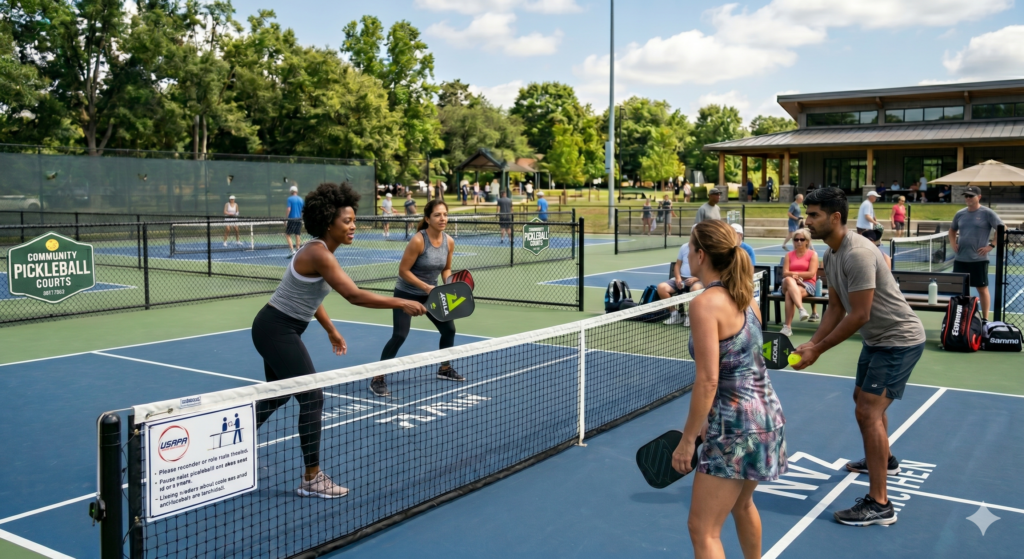 Beginner doubles pickleball match showing basic gameplay and positioning