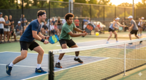 Pickleball doubles players using proper positioning and teamwork during a match.