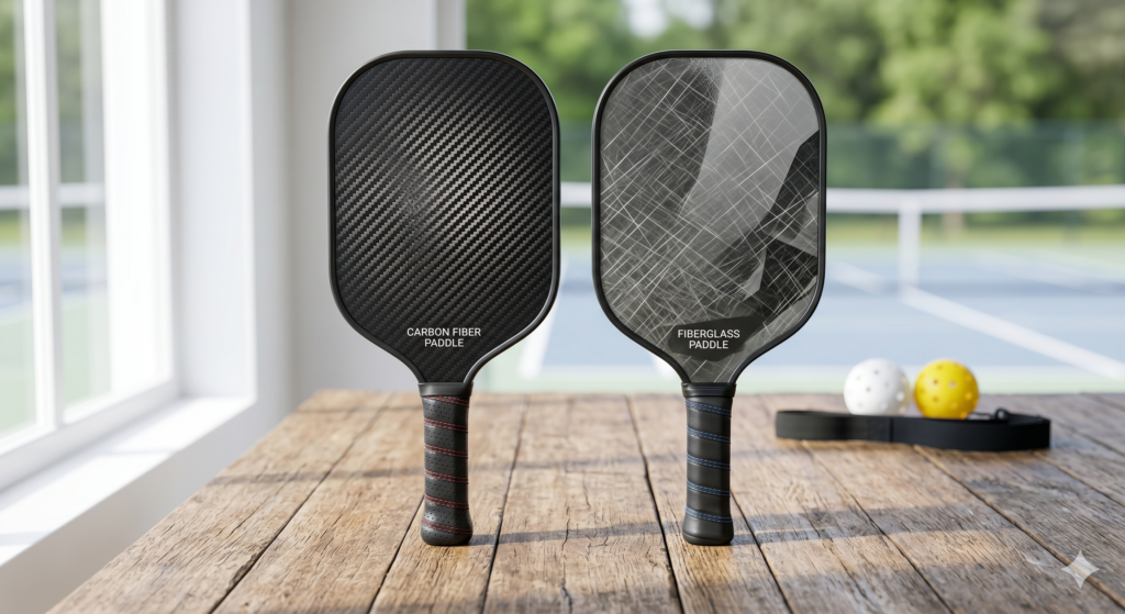 Carbon fiber and fiberglass pickleball paddles displayed side by side.