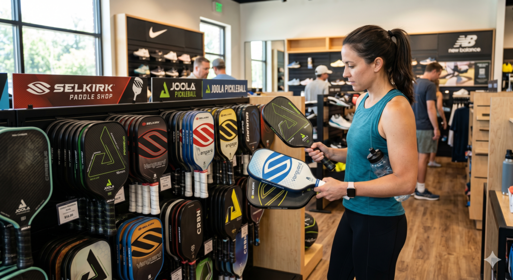 Player testing different pickleball paddles before purchasing.