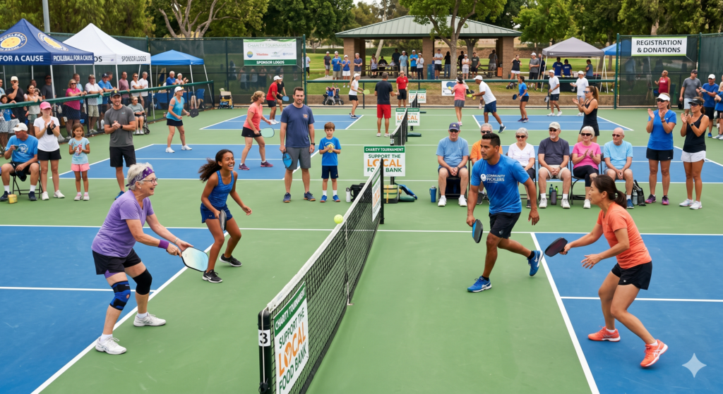 Players participating in a community pickleball charity event
