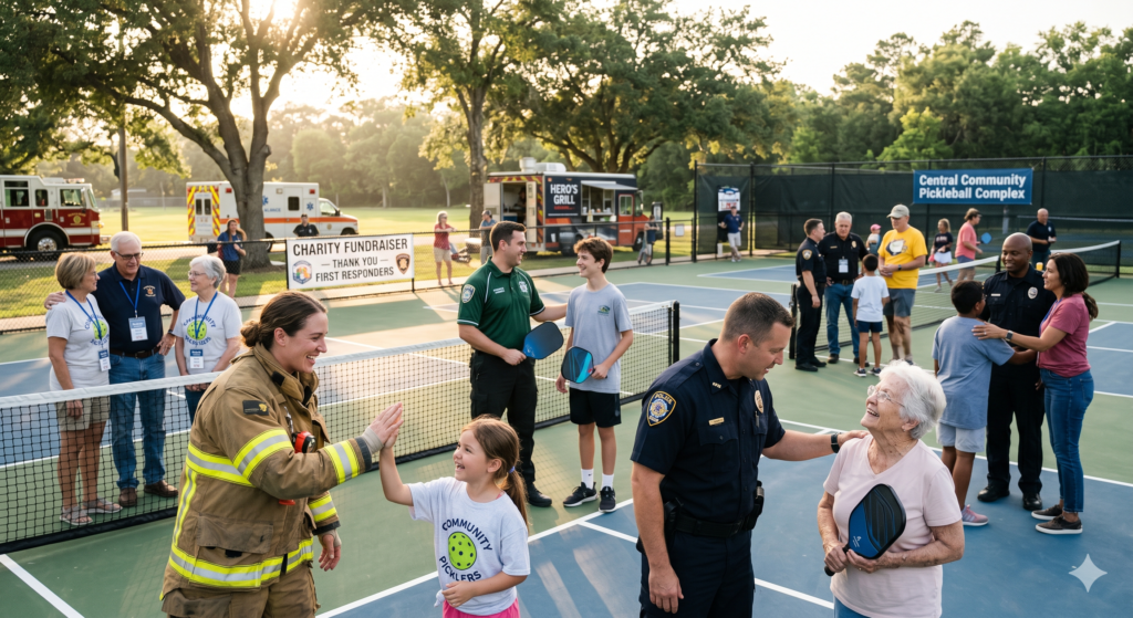 First responders attending a community pickleball fundraiser