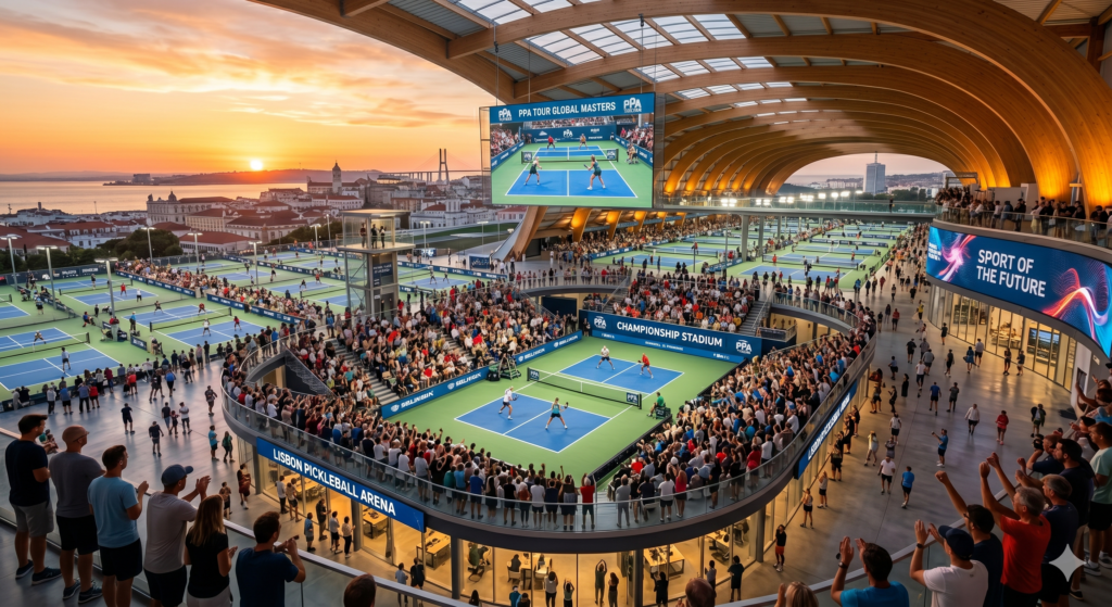 Large pickleball venue filled with players and spectators representing the future growth of the sport.