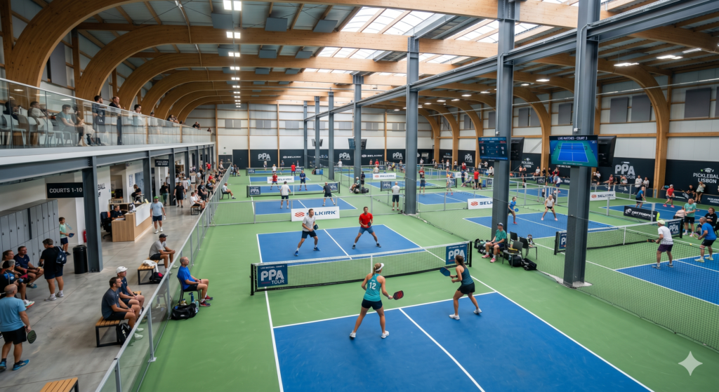 Modern indoor pickleball facility with multiple courts and players practicing.