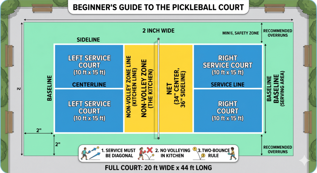 Pickleball court layout showing kitchen, baseline and service areas
