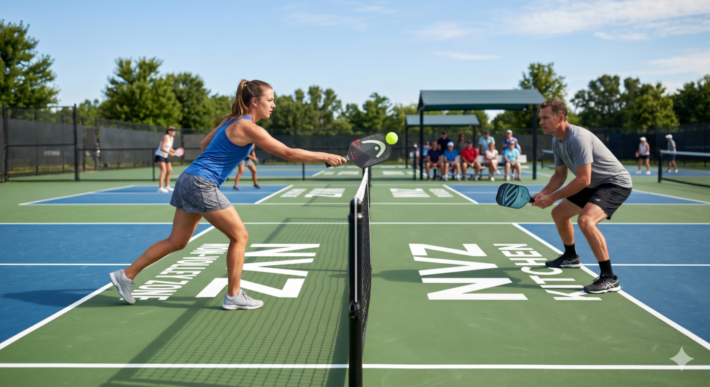 Players demonstrating pickleball kitchen and non-volley zone rules