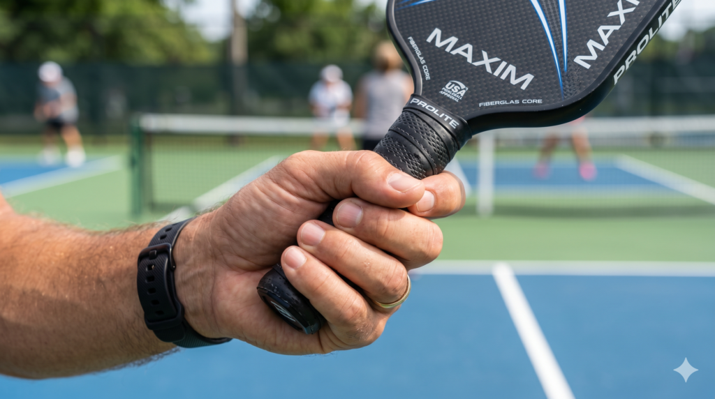 Correct pickleball paddle grip size and hand position