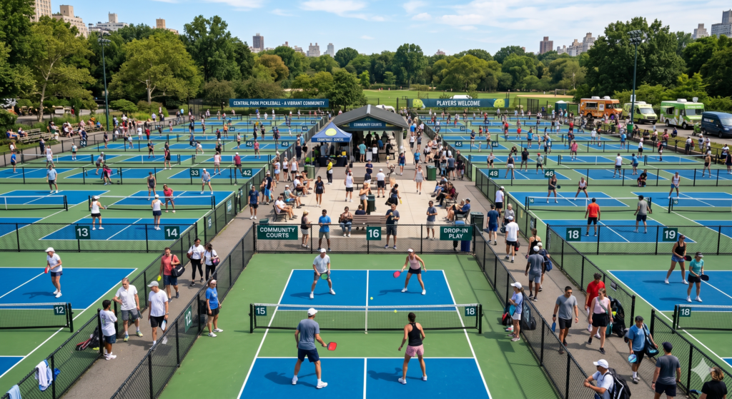 Players of different ages enjoying pickleball on multiple outdoor courts.