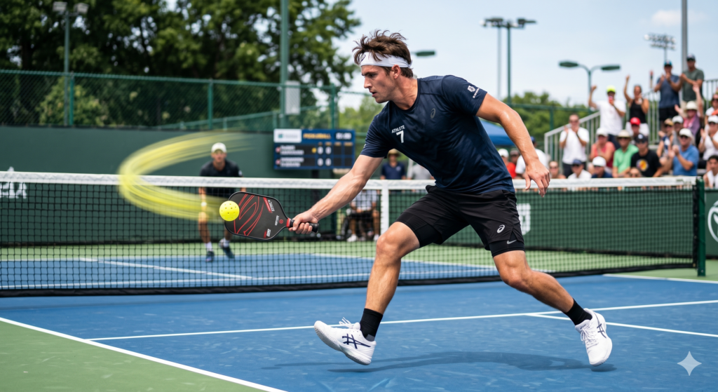 Pickleball player executing a topspin forehand shot during a competitive match.