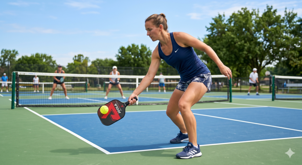 Beginner player demonstrating proper pickleball serving technique