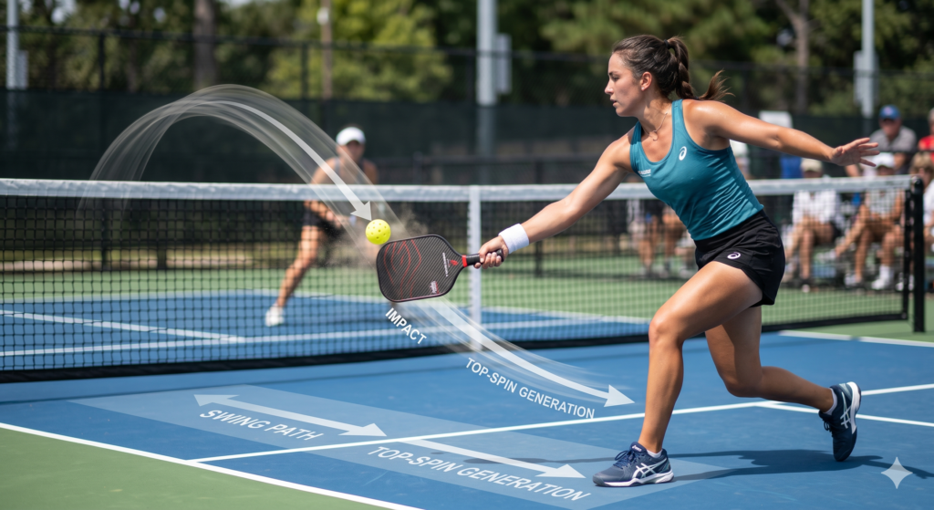 Illustration showing proper topspin mechanics in pickleball.