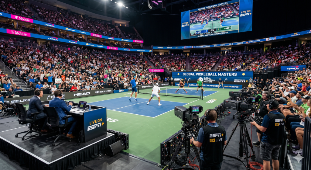 Professional pickleball tournament with television cameras and spectators.