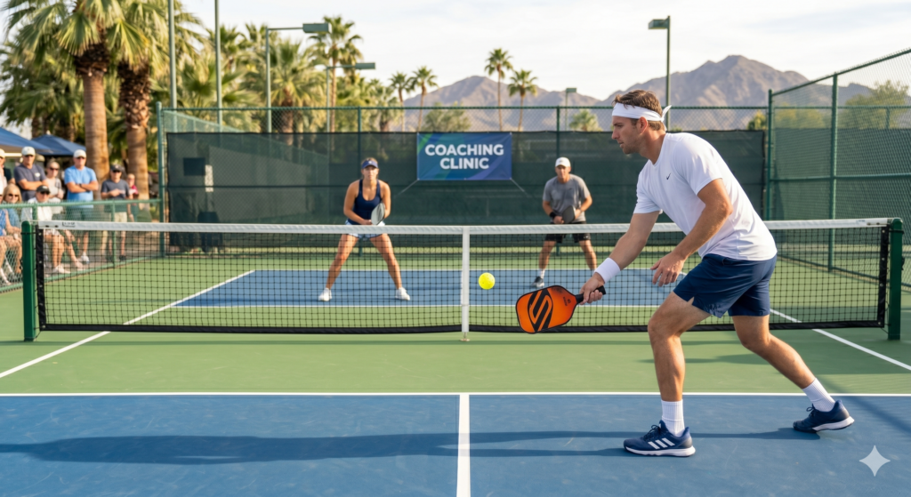 Pickleball player performing a third-shot drop shot during doubles play.