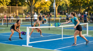 Beginner pickleball player executing a perfect dink shot at the kitchen line during a doubles match.