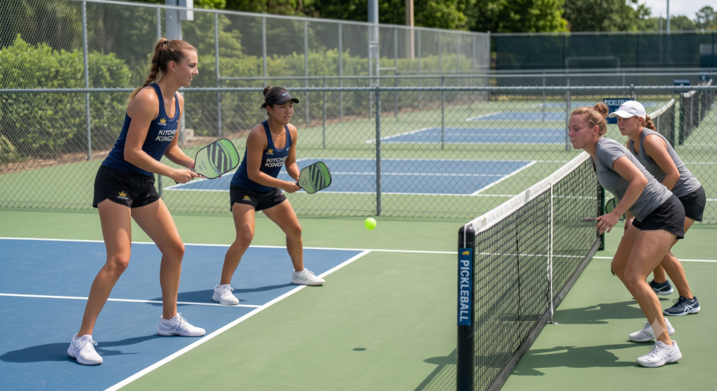 Pickleball doubles team advancing to the kitchen after a successful third-shot drop.