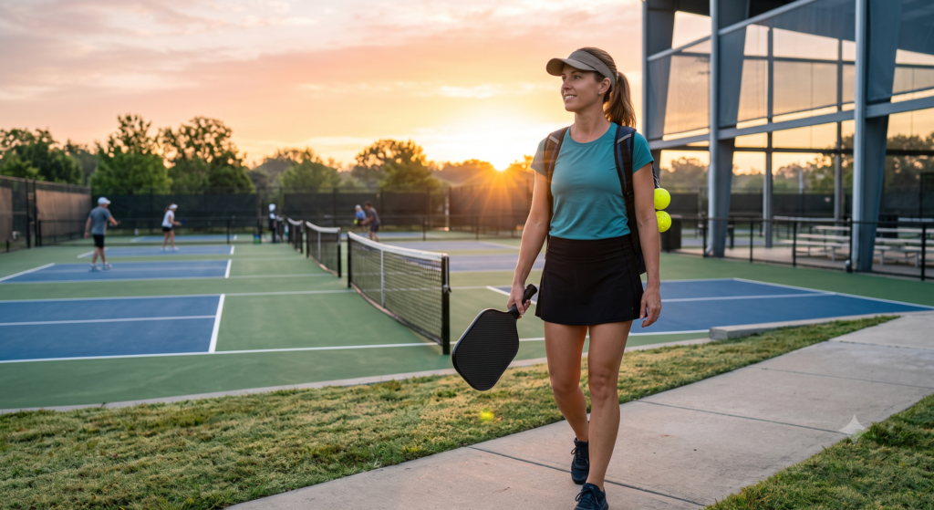 Confident pickleball player walking onto the court holding a premium paddle before a match.