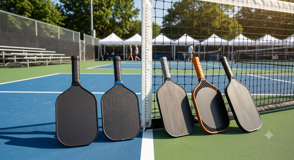 Collection of modern pickleball paddles standing upright beside a professional pickleball net.