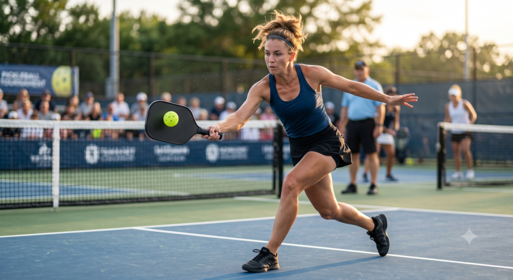 Professional pickleball player hitting a topspin forehand with a carbon fiber paddle.
