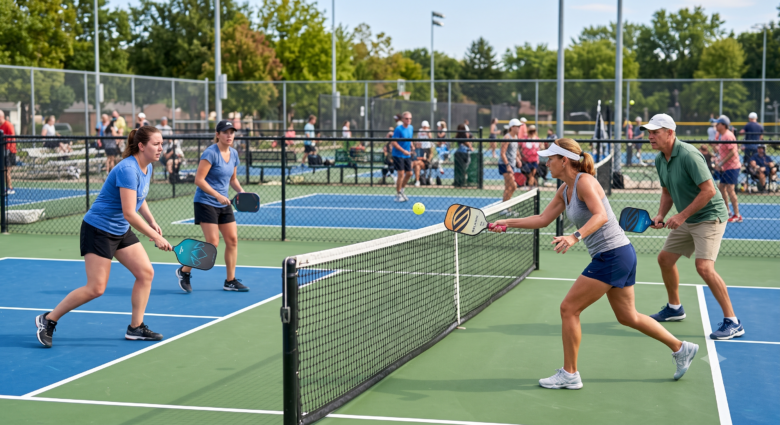 Beginner pickleball player making a positioning mistake during a doubles match.