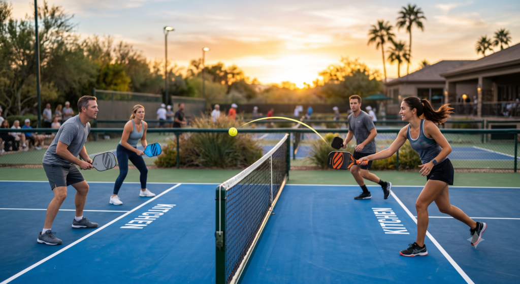 Pickleball player executing a perfect third-shot drop during a doubles match.