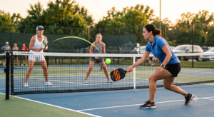 Pickleball player hitting a perfect third-shot drop during a doubles match.