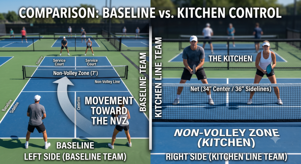 Comparison of baseline positioning versus kitchen line positioning in pickleball doubles.