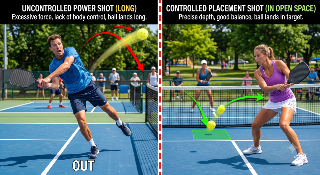Comparison between a powerful shot and a controlled placement shot in pickleball.