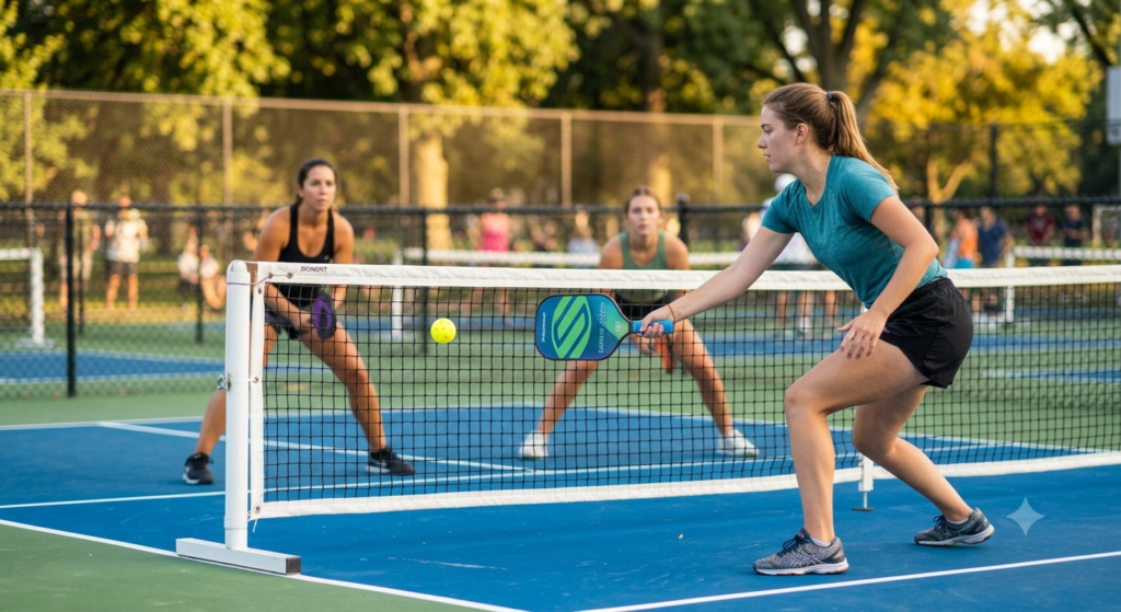 Close-up showing the correct paddle angle for executing a dink shot in pickleball.