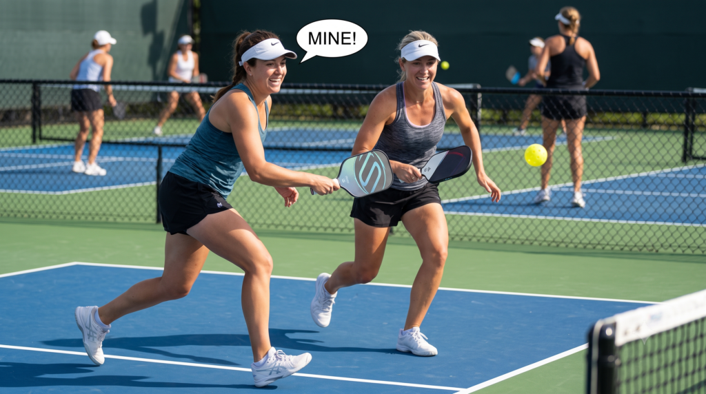 Pickleball doubles partners communicating during a competitive rally.