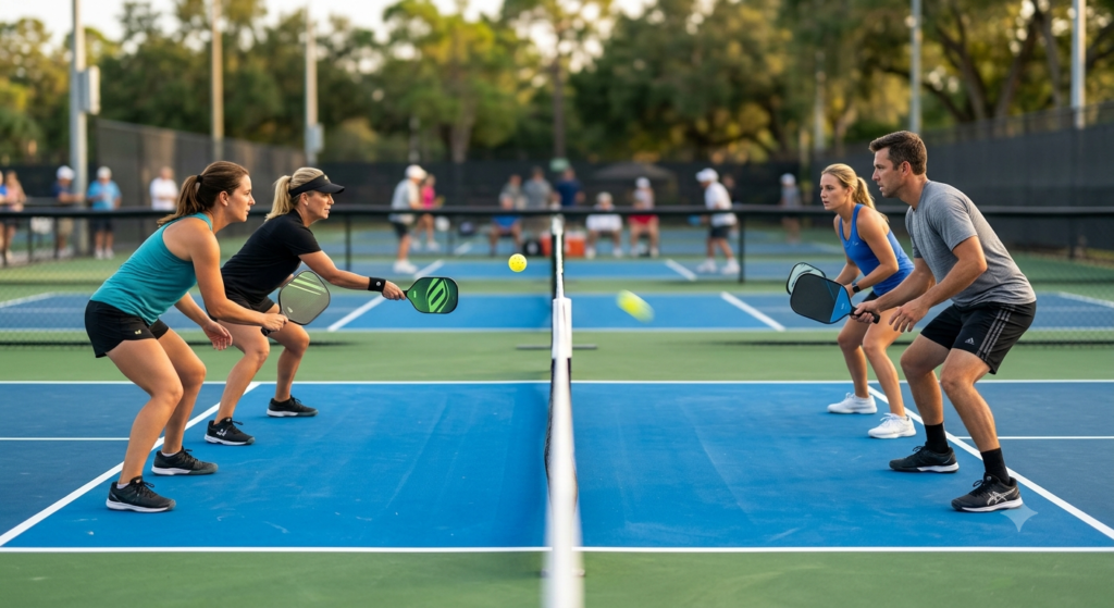 Two pickleball players positioned at the kitchen line during a controlled dink rally.