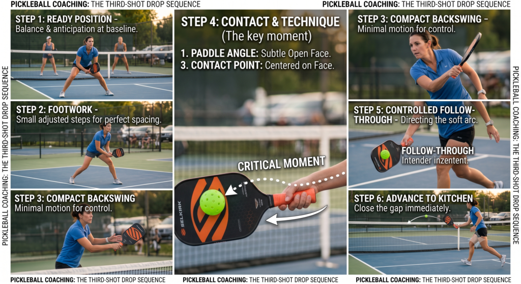 Step-by-step visual guide demonstrating the pickleball third-shot drop.