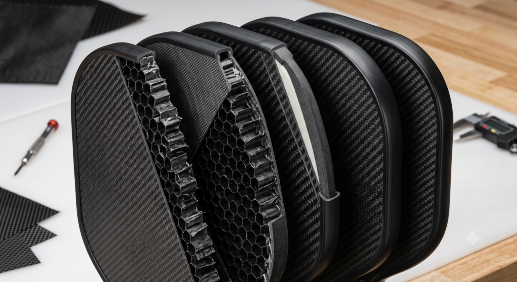 Close-up of premium pickleball paddle materials including carbon fiber faces and honeycomb cores.