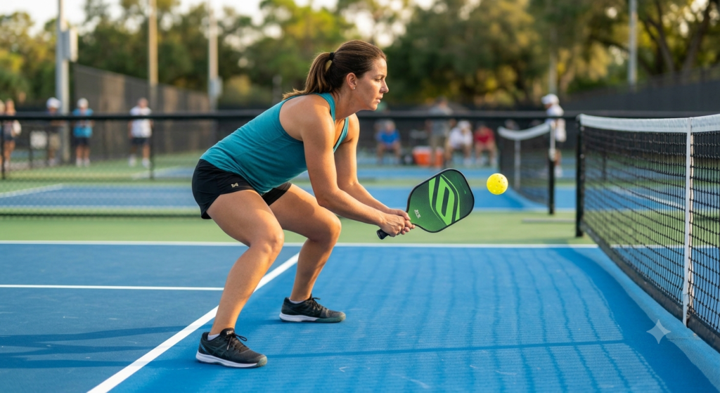 Pickleball player demonstrating proper body position and technique while hitting a dink shot.