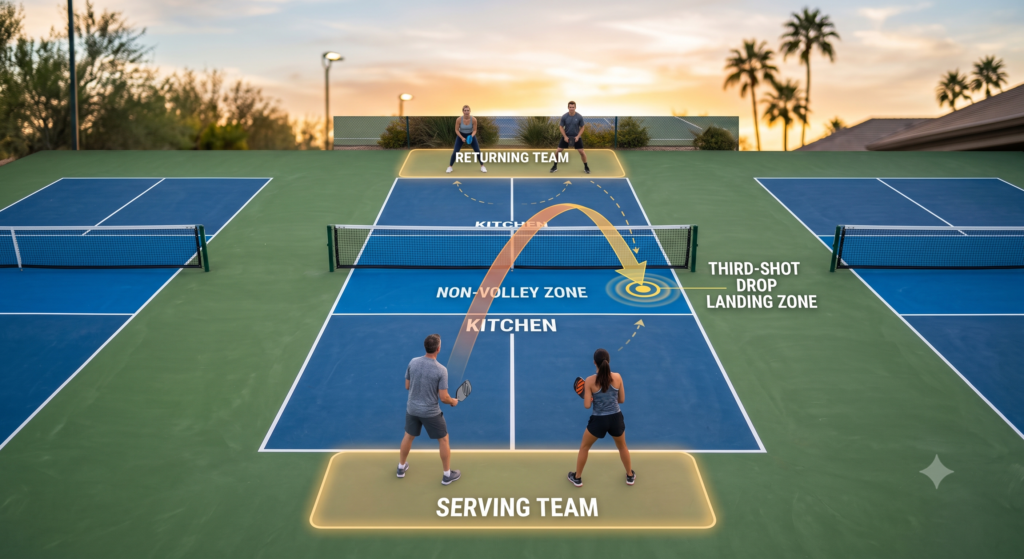 Diagram showing proper third-shot drop positioning in pickleball doubles.