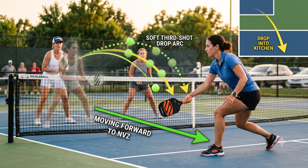 Diagram-style illustration showing the third-shot drop sequence in pickleball doubles.