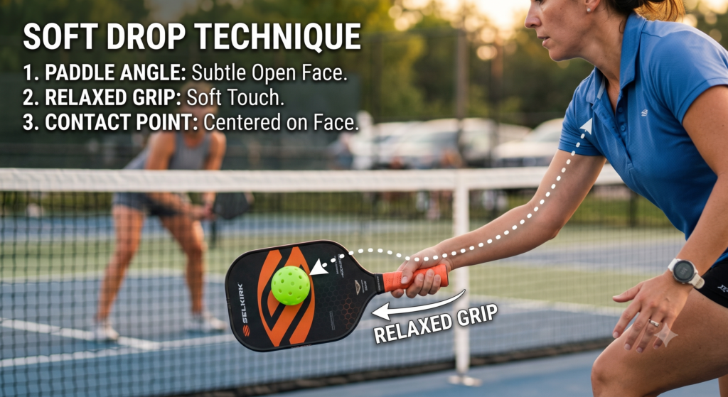Close-up of the correct paddle angle for a pickleball third-shot drop.